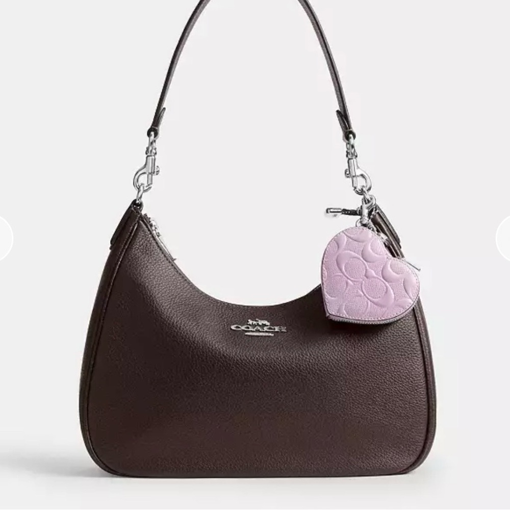Coach Heart Bag Charm In Signature Leather With Heart Charm Silver/Light Violet - Picture 2 of 2
